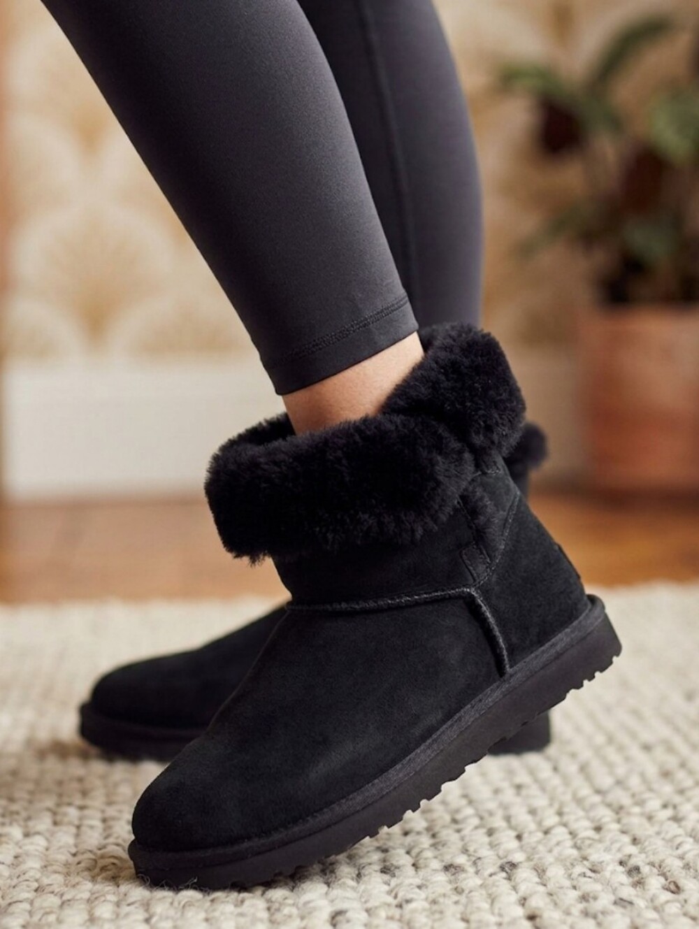 UGG Classic Mini Fluff Genuine Shearling Booties in Black